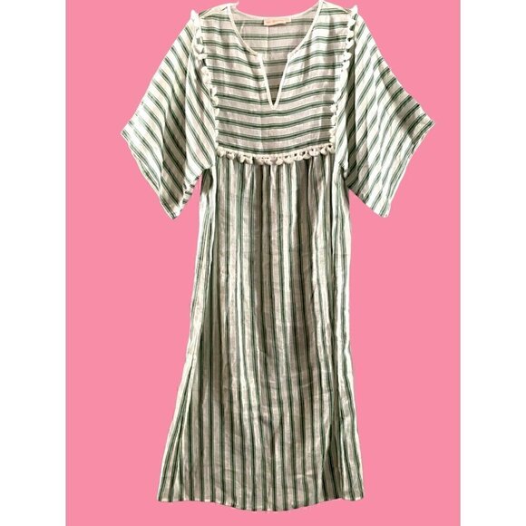 Tory Burch Striped Linen Caftan Size Small Midi Green White Tassels Swim coverup - Picture 1 of 13